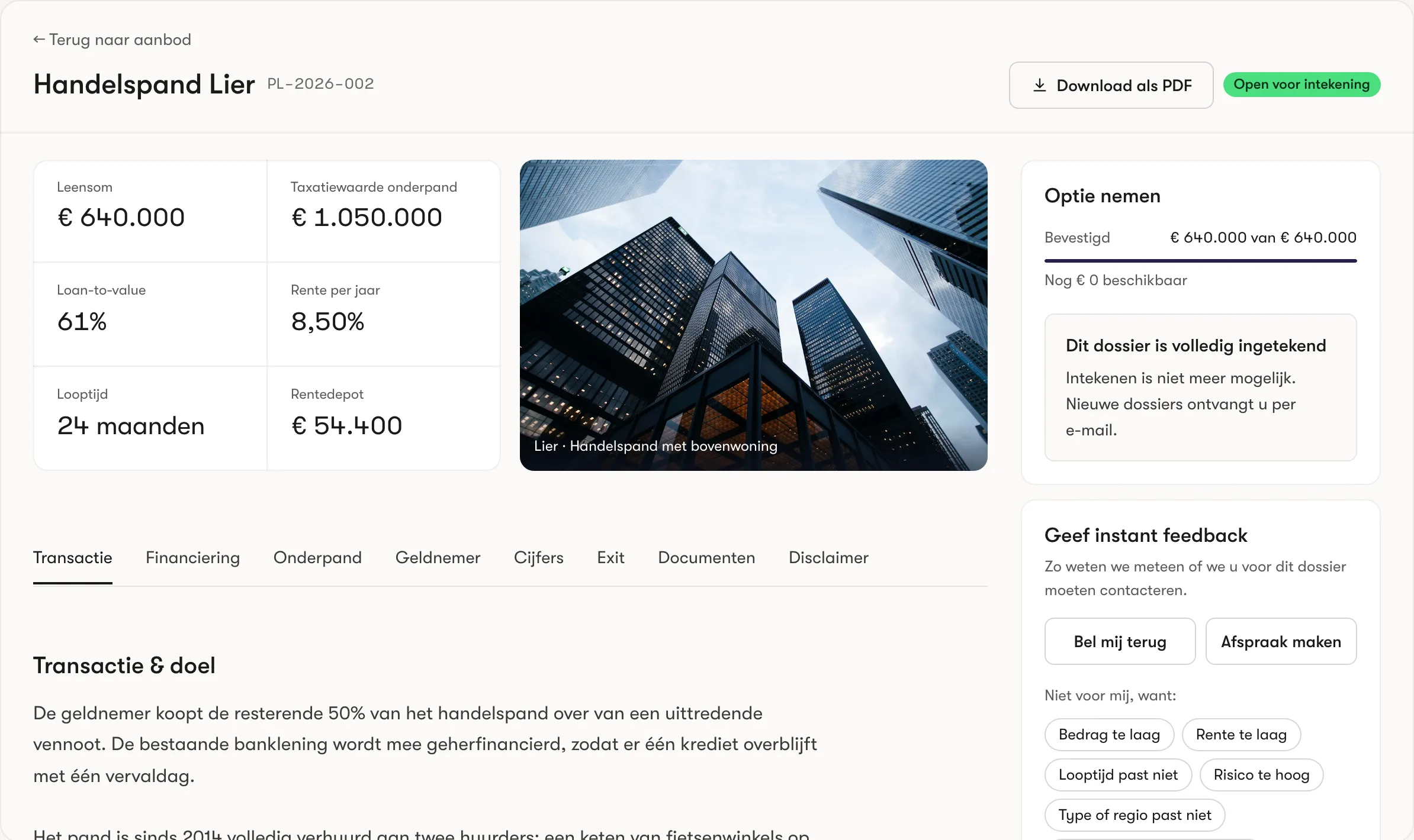 Een dossier in het Deal Platform: de kerncijfers, de stand van de intekening, de mede-investeerders en de beschrijving van de transactie.