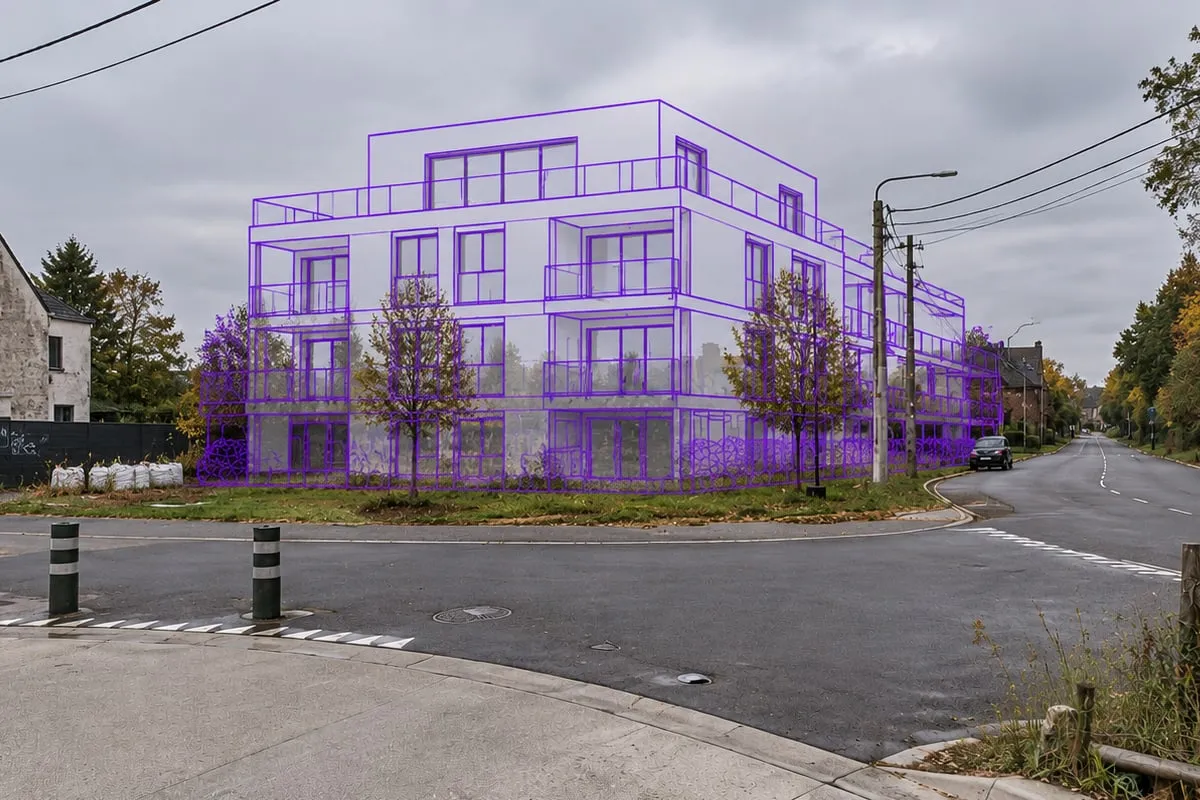 Een gepland appartementsgebouw, in lijnen getekend op een perceel aan een kruispunt