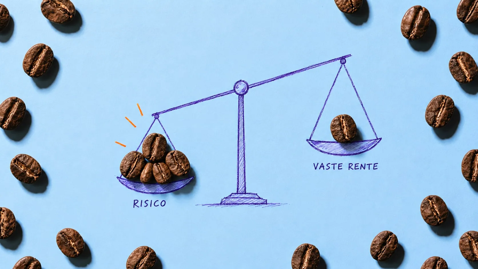 Een getekende weegschaal: op de schaal Risico ligt een hoopje koffiebonen, op de schaal Vaste rente één koffieboon.