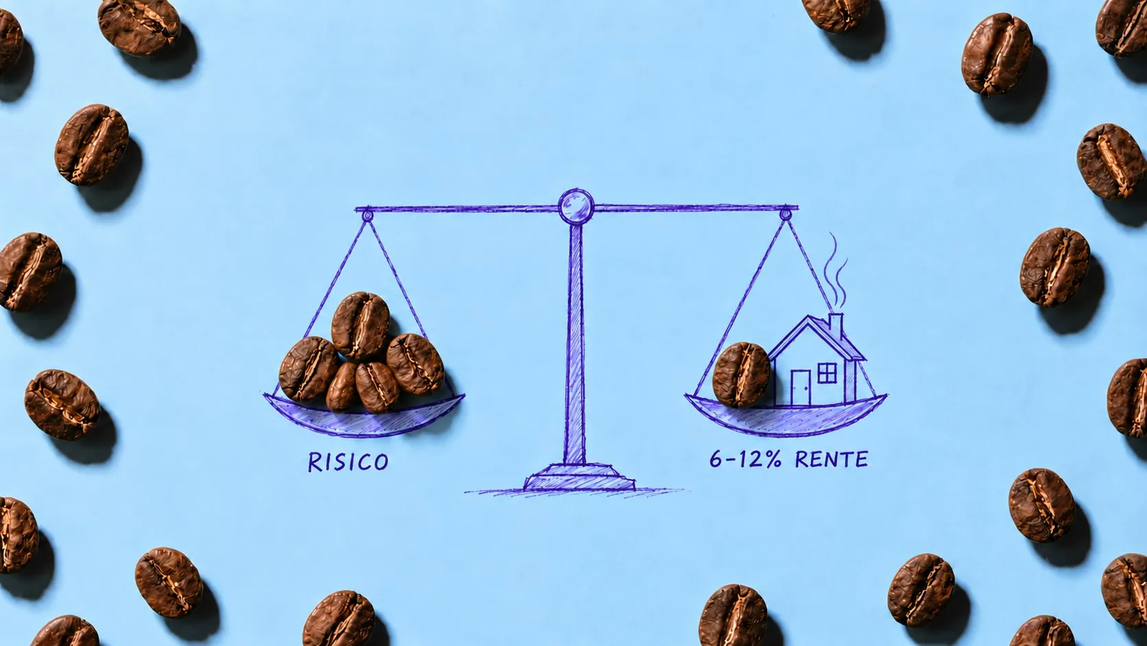 Een getekende weegschaal in evenwicht: op de schaal Risico liggen koffiebonen, op de schaal 6 tot 12% rente een koffieboon en een huis.